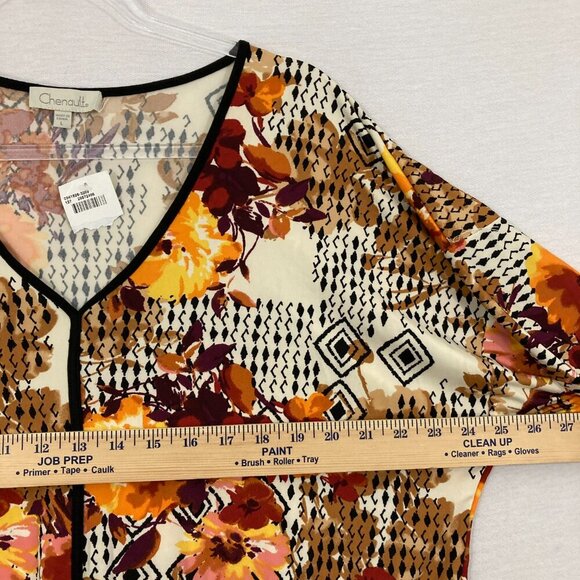 New Chenault Brown Orange Floral Stretch Knit Tie Front Feminine Blouse Large - Picture 6 of 9